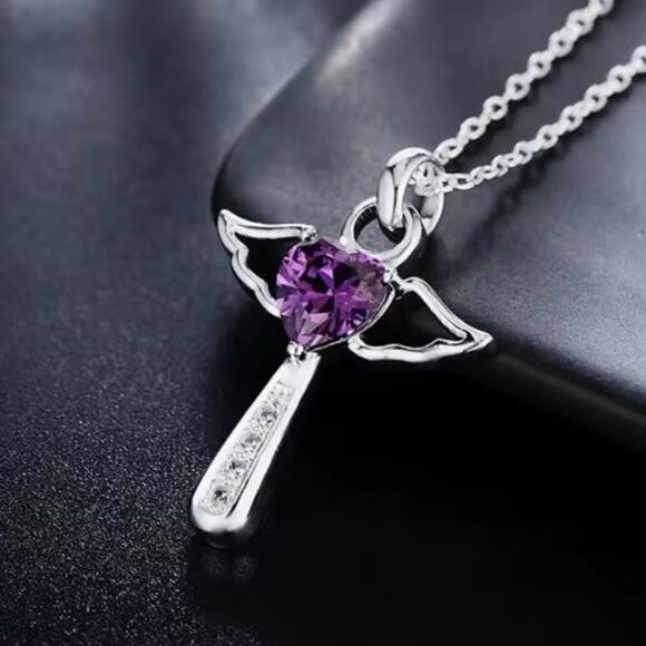 925 Silver Cross Necklace Wings Heart Amethyst Woman's Christmas Birthday Gift